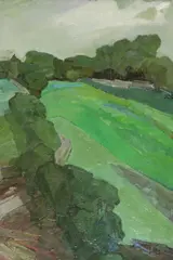 Victoras Binkis, View Over Distant Hills with Road, Oil on board