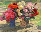 Two Vases of Peonies on Garden Table by Yuri Alexandrovitch Smirnov, Oil on canvas, sold Apr 2005