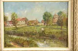 Adolphe Clary-Baroux, Man Fishing at Village Edge, Oil on canvas
