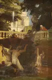 Istvan Voros, Frolicking Nudes in Fountain with Onlooker, Oil on canvas