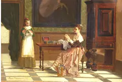 Frans Moormans, The Sewing Lesson in Dutch Interior, Oil on panel