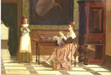 Frans Moormans, The Sewing Lesson in Dutch Interior, Oil on panel