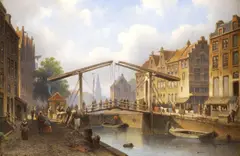 E. Alexander Hilverdink, Drawbridge with Figures Over Dutch Canal, Oil on panel