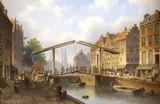 E. Alexander Hilverdink, Drawbridge with Figures Over Dutch Canal, Oil on panel
