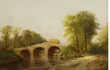 Carleton Wiggins, Landscape with Haycart on Bridge and Cows on Riverbank, Oil on canvas