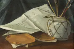 A. M. de Goller, Still Life of Newspaper "The World," Artist Brushes, Oil on canvas
