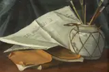 A. M. de Goller, Still Life of Newspaper "The World," Artist Brushes, Oil on canvas