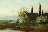 Gustave Adolph Wiegand, Cottage with Apple Blossom Trees by Stream, Oil on canvas