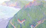 Lodge on Mountainside Overlooking Ocean Cove by American School, Faintly inscribed in pencil on reverse, offered Apr 2005