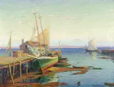 William Greason, Docked Boat at Wharf Side with Sailboat on Horizon, Oil on canvas
