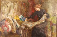 American School, Untitled, YOUNG WOMAN ADMIRING COLORFUL FABRICS, oil on canvas