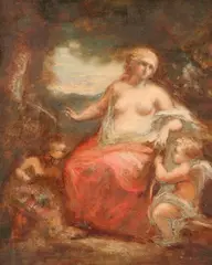 Untitled by Continental School, VENUS AND CUPID WITH ATTENDANT, oil on paper mounted on canvas, sold Jun 2005