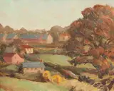 Untitled by English School, COLORFUL VILLAGE ON HILLSIDE, oil on board, sold Jun 2005