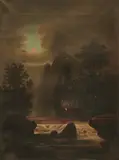 Untitled by American School, FIGURES BY FIRESIDE ON A MOONLIT NIGHT, oil on canvas, sold Jun 2005