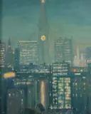Untitled by American School, CITY AT NIGHT WITH CLOCK TOWER, oil on canvas, sold Jun 2005
