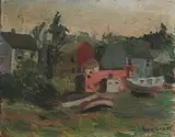 Theodore Landt, Impressionistic Scene with House and Boats, Oil on board