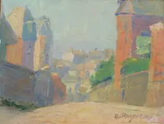 E. Raymond, Street Scene, Oil on board