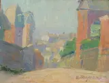 E. Raymond, Street Scene, Oil on board