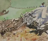 Irene Hodes Newman, Two Oxen with Farmer, Watercolor