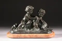 Untitled by Michel Clodion, YOUNG BOYS WITH A GOOSE, marked "Clodion"; bronze; marble base, offered Jun 2005