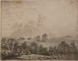 Karel du Jardin, Ruins in a Distant Landscape with Figures in Foreground, Etching