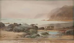 Richard Harry Carter, Man with Mules on Beach, Watercolor on paper