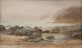Richard Harry Carter, Man with Mules on Beach, Watercolor on paper