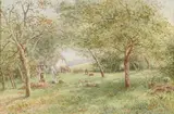 James George Bingley, Family with Child and Dog in Cider Orchard, Watercolor