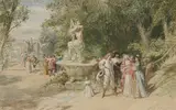 George Clark Stanton, Fete in Garden by Fountain, Watercolor