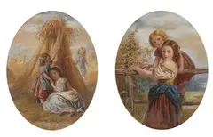 Joseph Bouvier, CHILDREN IN THE WHEAT FIELD and GIRLS ALONG FENCE: TWO WORKS, both signed lower right, Watercolor
