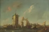 Francesco Guardi, Untitled, RUINS BY THE SHORE, oil on canvas