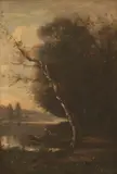 Lakeside Barbizon Scene with Boating Figure by Jean-Baptiste Camille Corot, Oil on canvas, sold Jun 2005