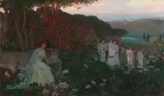 Herbert A. Olivier, Hera and Peacock with Attendants Bearing Garlands, Oil on canvas