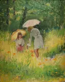 Joseph Raphael, Picking Flowers in Afternoon Light, Oil on board
