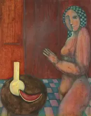 R. Antinopay, Standing Nude with Still Life, Mixed media