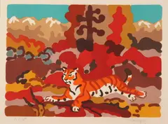 Charles Lapicque, Reclining Tiger, Color lithograph