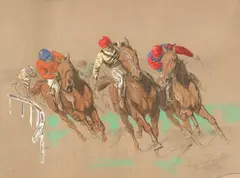 Eugène Péchaubès, Horse Race, Color lithograph on grey paper