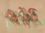 Eugène Péchaubès, Horse Race, Color lithograph on grey paper