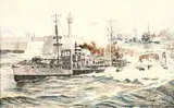 German School, BATTLESHIP, illegibly signed and inscribed lower right, Colored ink on paperboard