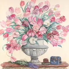 J. Greenleaf, Tulips in Urn with Lavender, Oil on paper