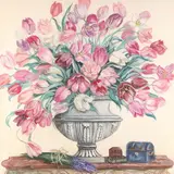 J. Greenleaf, Tulips in Urn with Lavender, Oil on paper