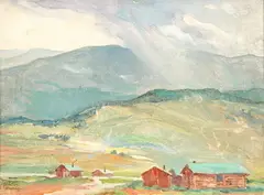 Walter Early, Cabins Nestled in Mountains, Oil on board