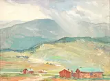 Walter Early, Cabins Nestled in Mountains, Oil on board