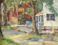 Eleanor Charles, Untitled, SHADY TREE LINED STREET, oil on board