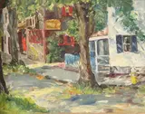 Eleanor Charles, Untitled, SHADY TREE LINED STREET, oil on board