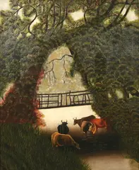 Jennie Cooper Calvert, Untitled, CATTLE IN A STREAM UNDER BRIDGE, oil on canvas