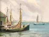 Howard Hastings, Ships at Boathouse, Oil on canvas