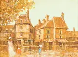 E. J. Cygne, Children and Mother in Town Square, Oil on canvas