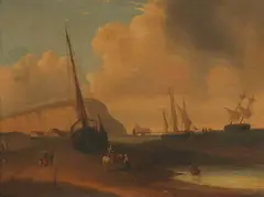 F. Delacroix, Boats on Beach with Figures, Oil on canvas