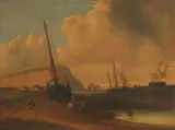 F. Delacroix, Boats on Beach with Figures, Oil on canvas
